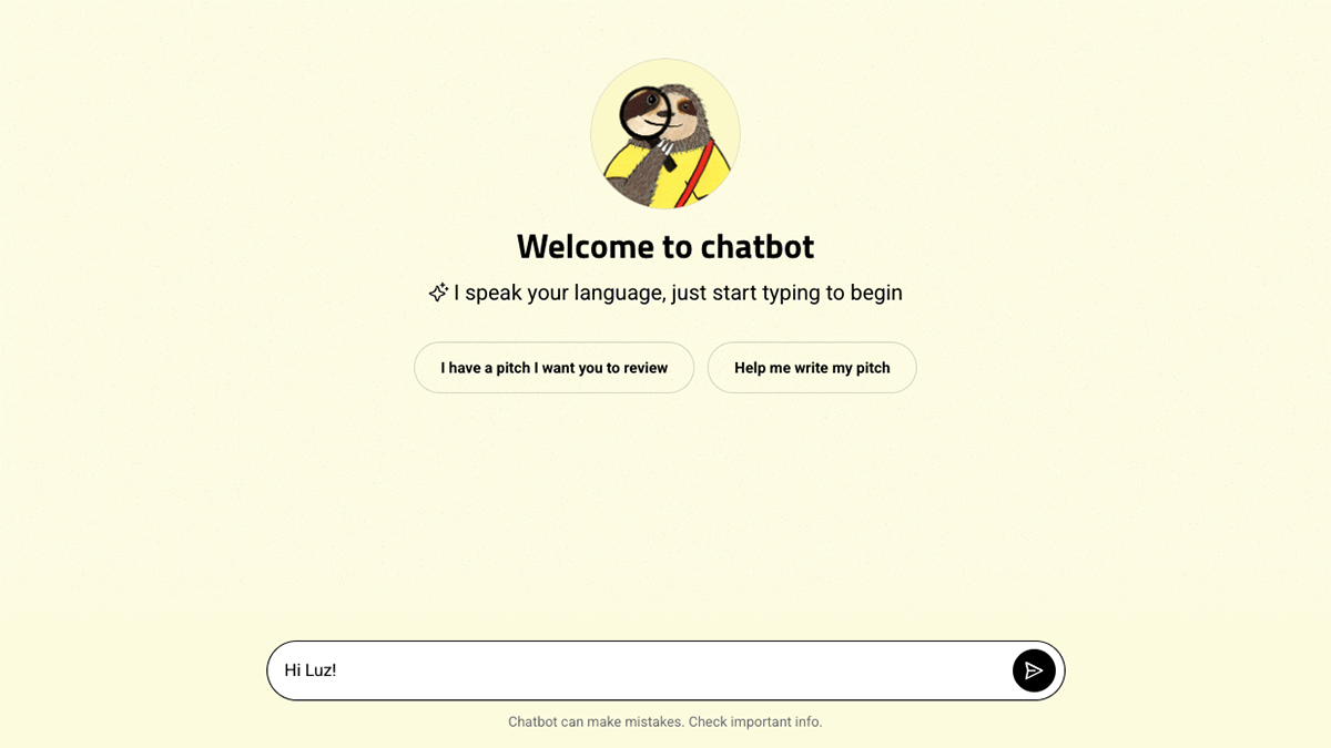 Luz chatbot handing page with text field