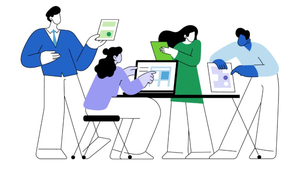 Cartoon of workers around a table with a laptop and printouts.