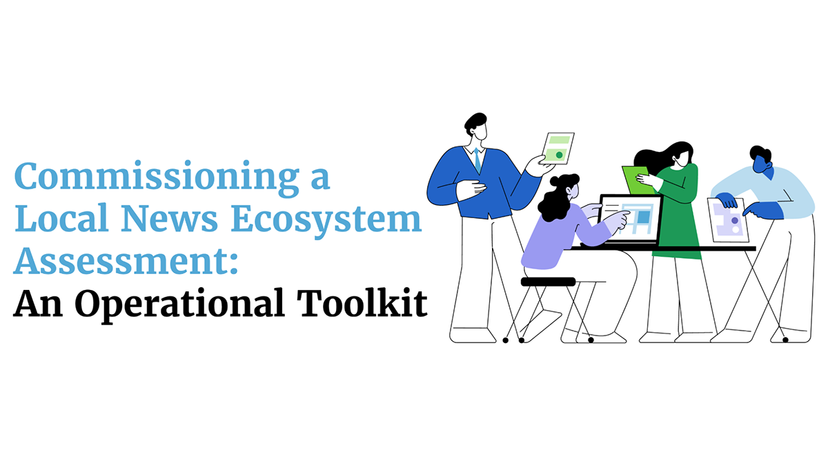 Cartoon of workers around a table with a laptop and printouts.