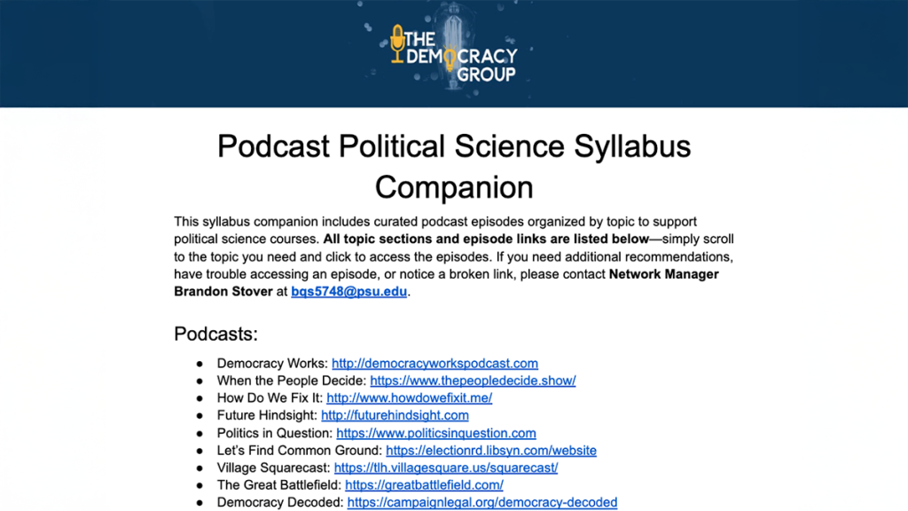 Screenshot from The Democracy Group's Podcast Political Science Syllabus Companion