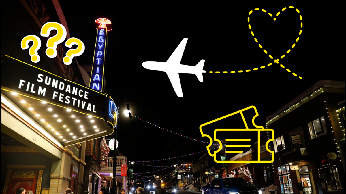 On the street at the Sundance Film Festival, overlaid with cartoon question marks, a plane drawing a heart in the air and movie tickets
