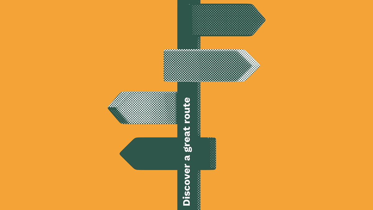 Direction signs with Discover a great route on the post