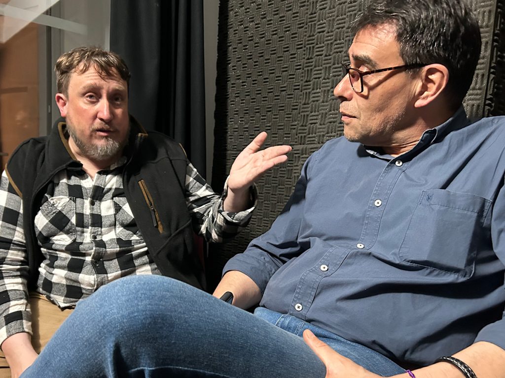 The leadership of the Asociación de la Prensa Uruguaya, Fabián Cardozo, left, and Luis Curbelo, during an interview Sept. 17, 2025, were elected to their roles as president and the union's secretary of the press, respectively, in 2018. Photo: Sally Stapleton