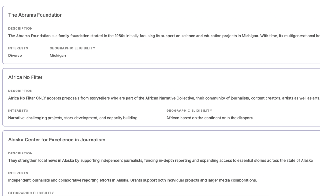 Screenshot from Grants for Journalists