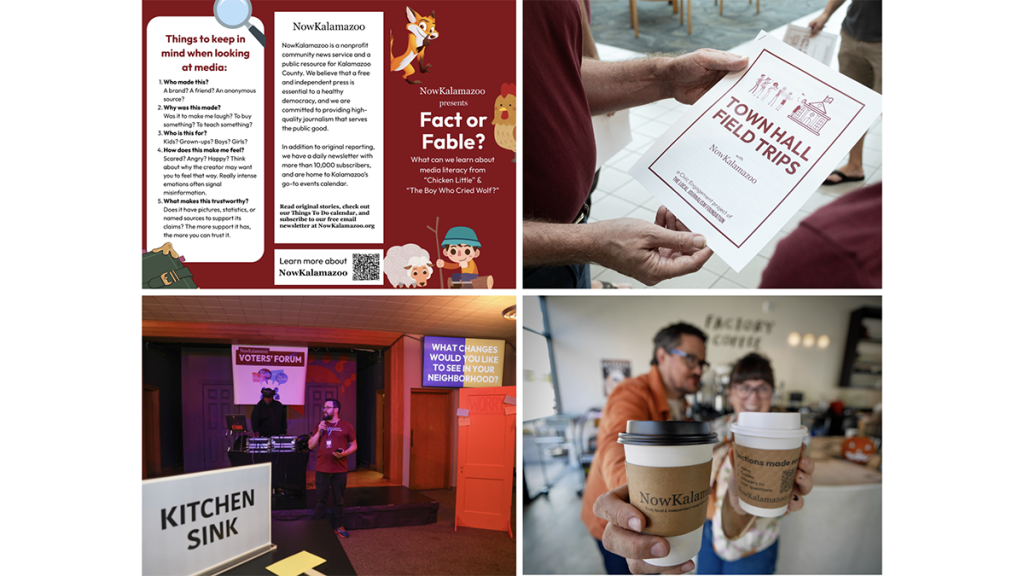 Audience engagement strategies by NowKalamazoo, including a Fact or Fable brochure designed by Amelia Bodinaku and the editorial staff, a Town Hall Field Trip planner, a voter’s forum and coffee sleeves with election information.