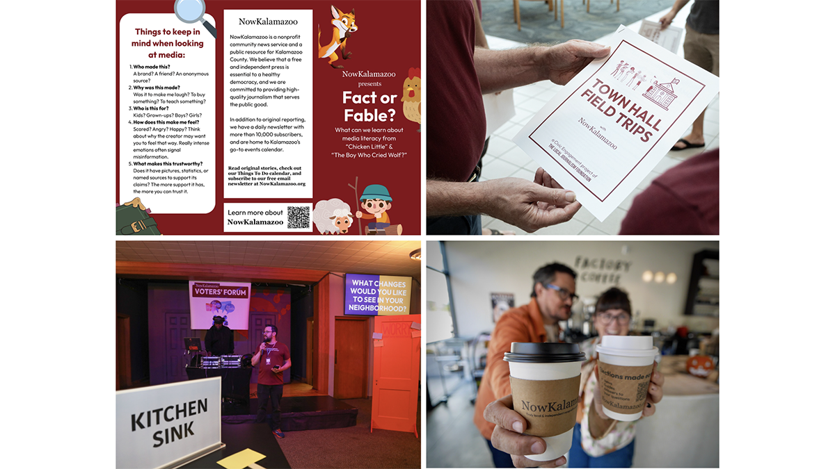 Audience engagement strategies by NowKalamazoo, including a Fact or Fable brochure designed by Amelia Bodinaku and the editorial staff, a Town Hall Field Trip planner, a voter’s forum and coffee sleeves with election information.