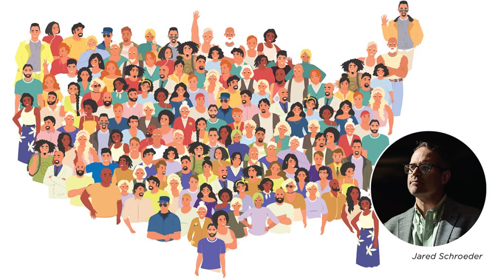 Cartoon map of the United States made up of people, with an inset of Jared Schroeder