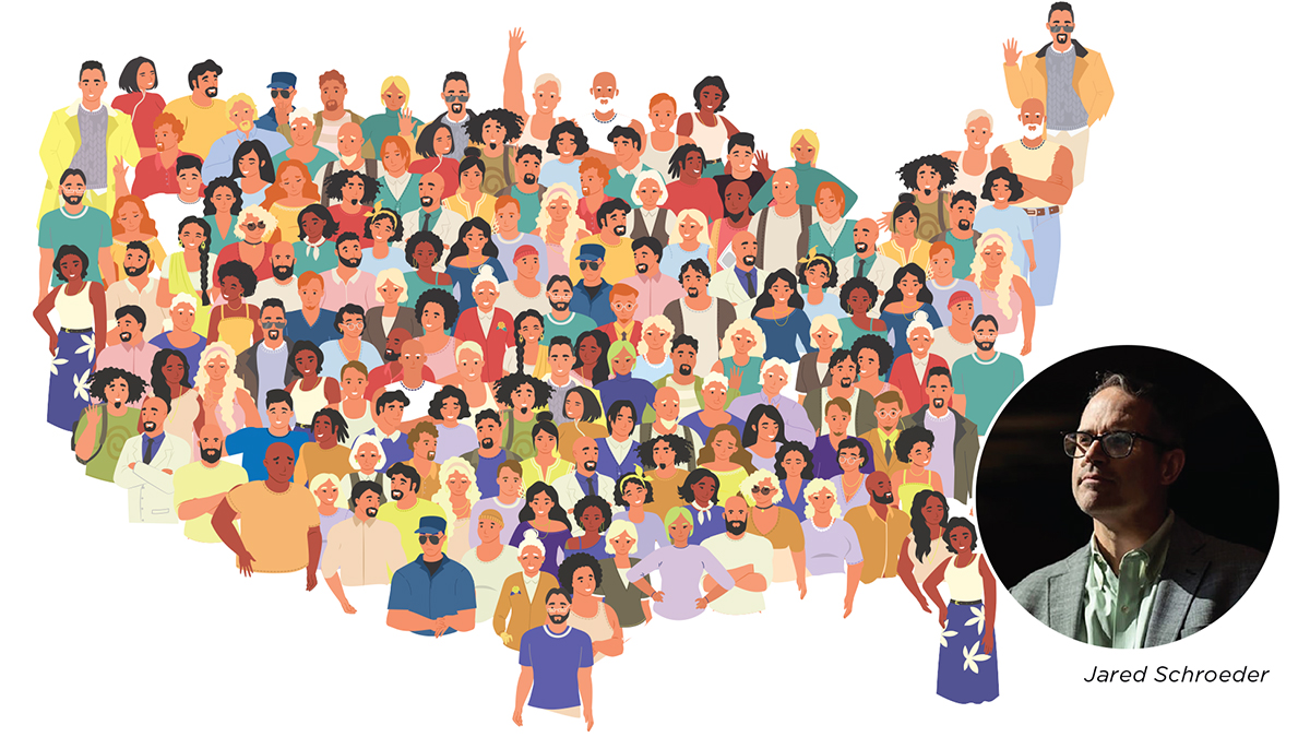 Cartoon map of the United States made up of people, with an inset of Jared Schroeder