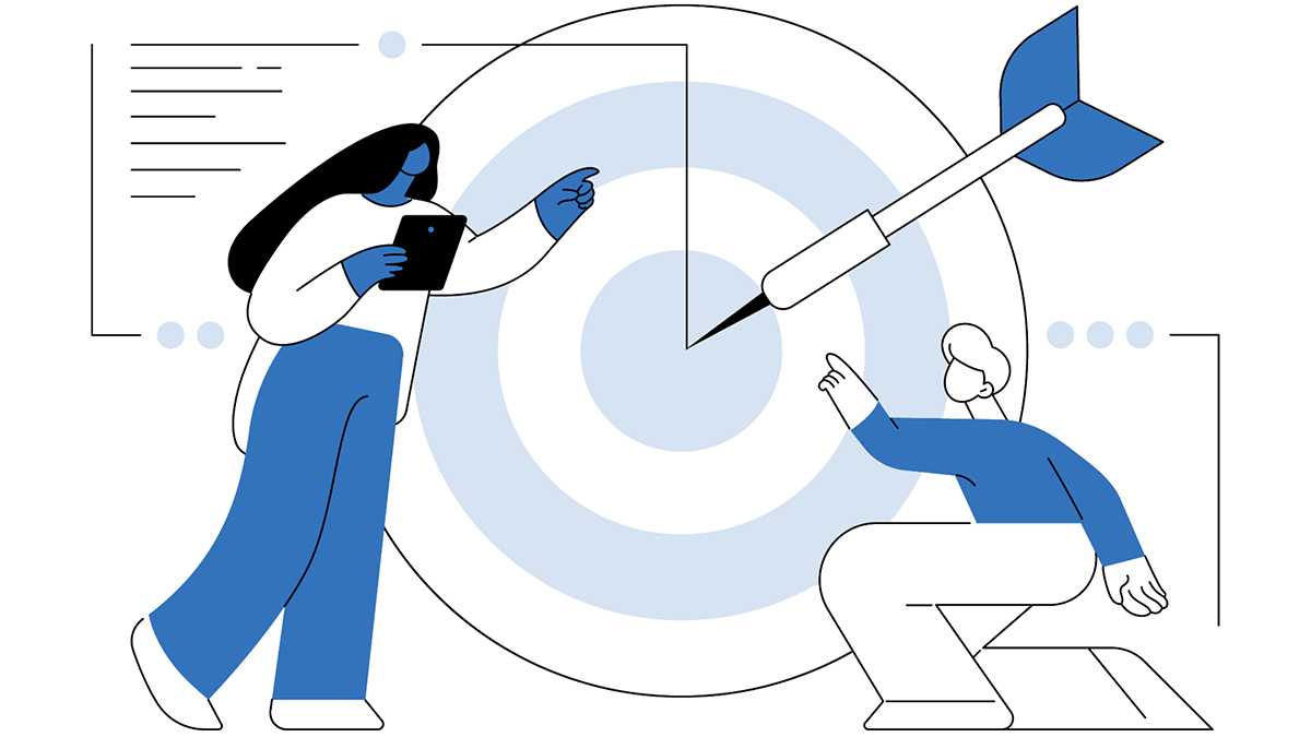 Cartoon of two employees carefully examining a giant dartboard with a dart in the center.