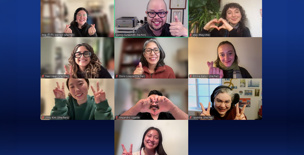 Screenshot of Zoom call with 10 people gesturing at the camera.
