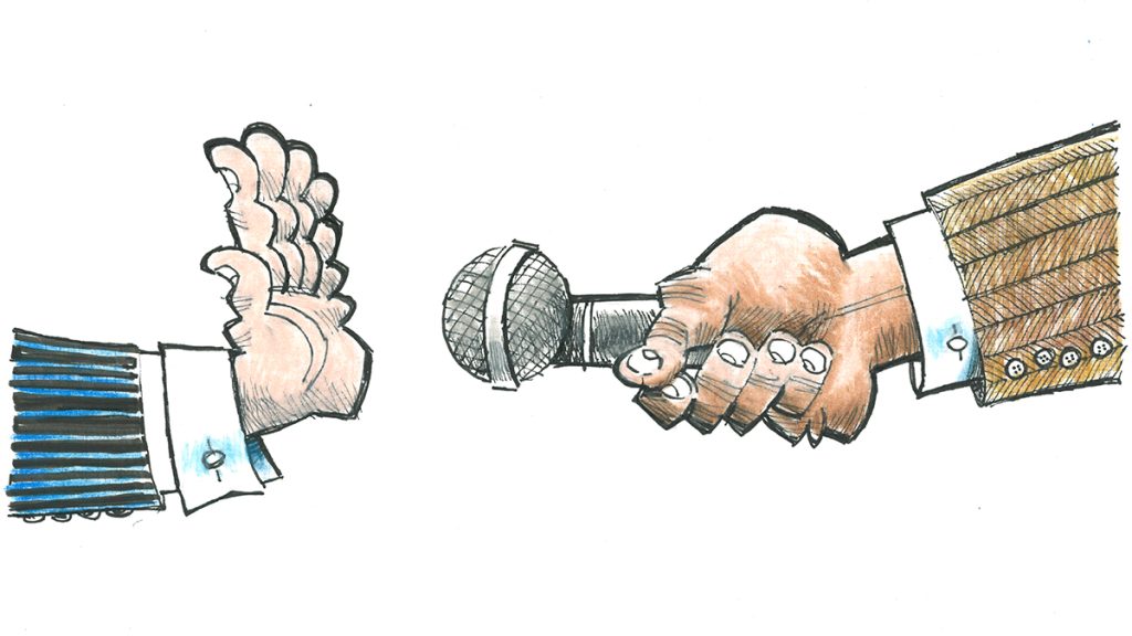 Cartoon of a a journalist holding a microphone up to a public official's open hand