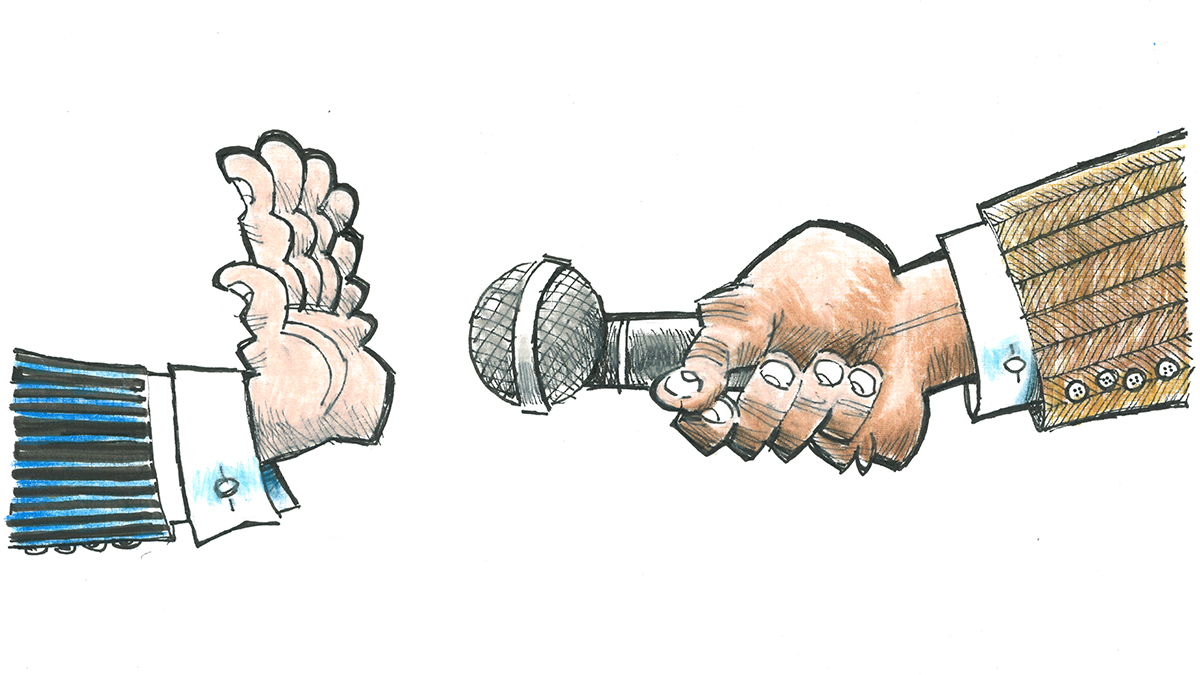 Cartoon of a a journalist holding a microphone up to a public official's open hand