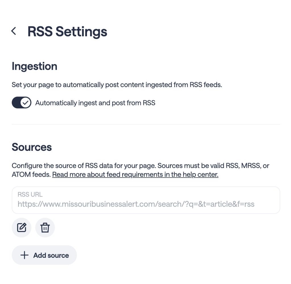 Screenshot of RSS settings in Nextdoor for News