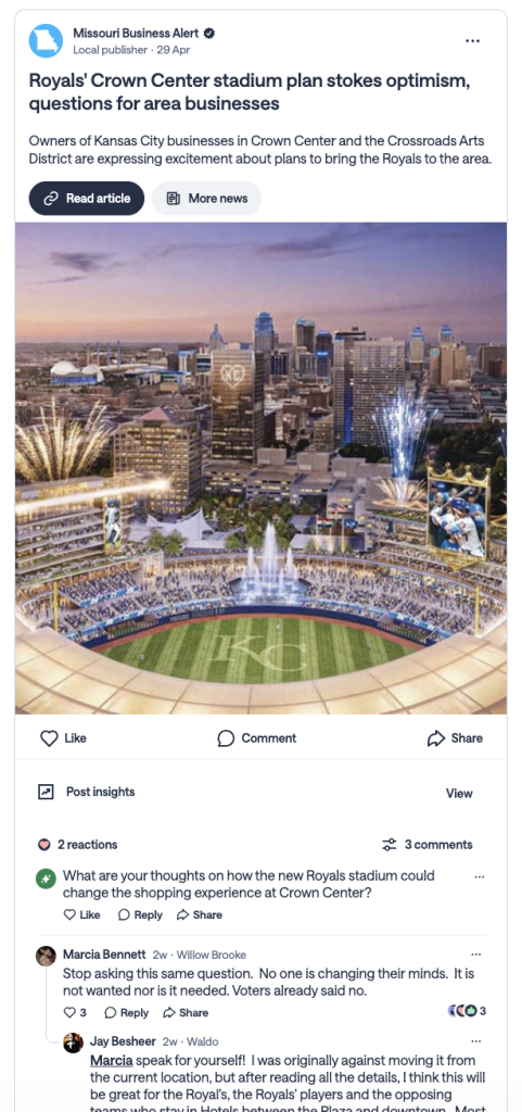 Screenshot from Nextdoor for News: Royals' Crown Center stadium plan stokes optimism, questions for area businesses