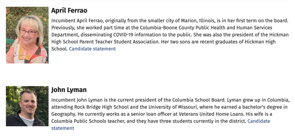 An example of the candidate bios and links to their statements.