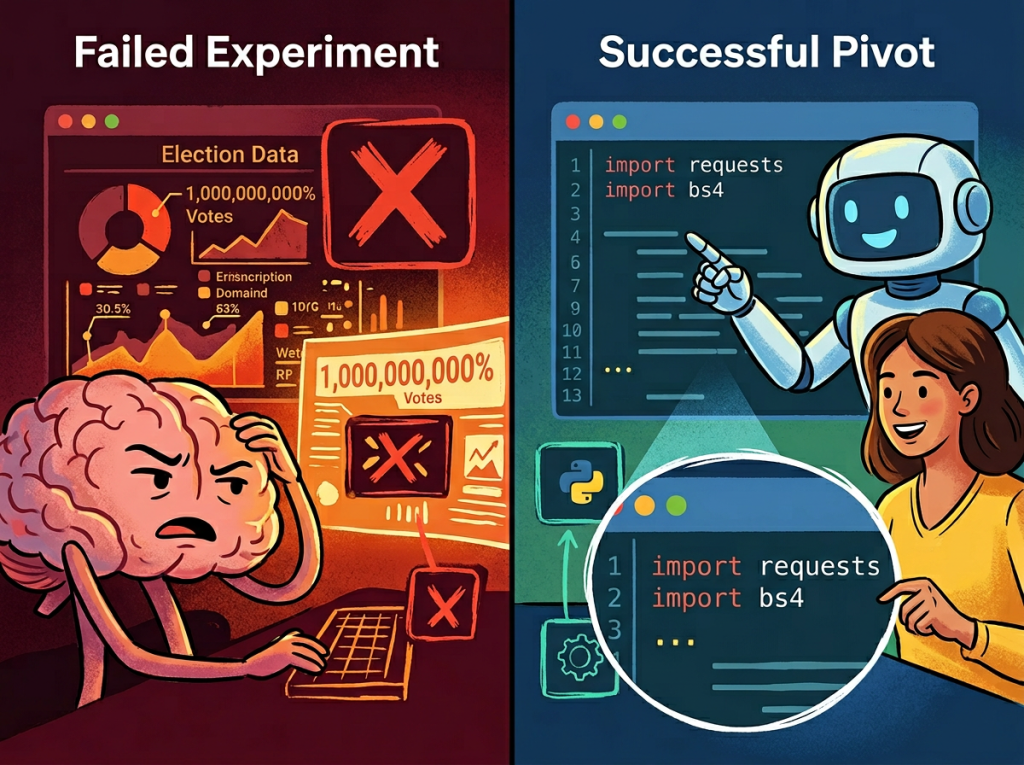 Split-screen illustration contrasting a "Failed Experiment" (an overwhelmed brain struggling with messy election data in red) with a "Successful Pivot" (a smiling woman and robot writing clean Python code in blue).