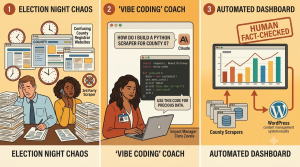 A three-panel comic showing a newsroom workflow: Panel 1 depicts stressed journalists facing "Election Night Chaos"; Panel 2 shows a woman generating Python code using an AI coach; Panel 3 displays a "Human Fact-Checked" automated data dashboard.