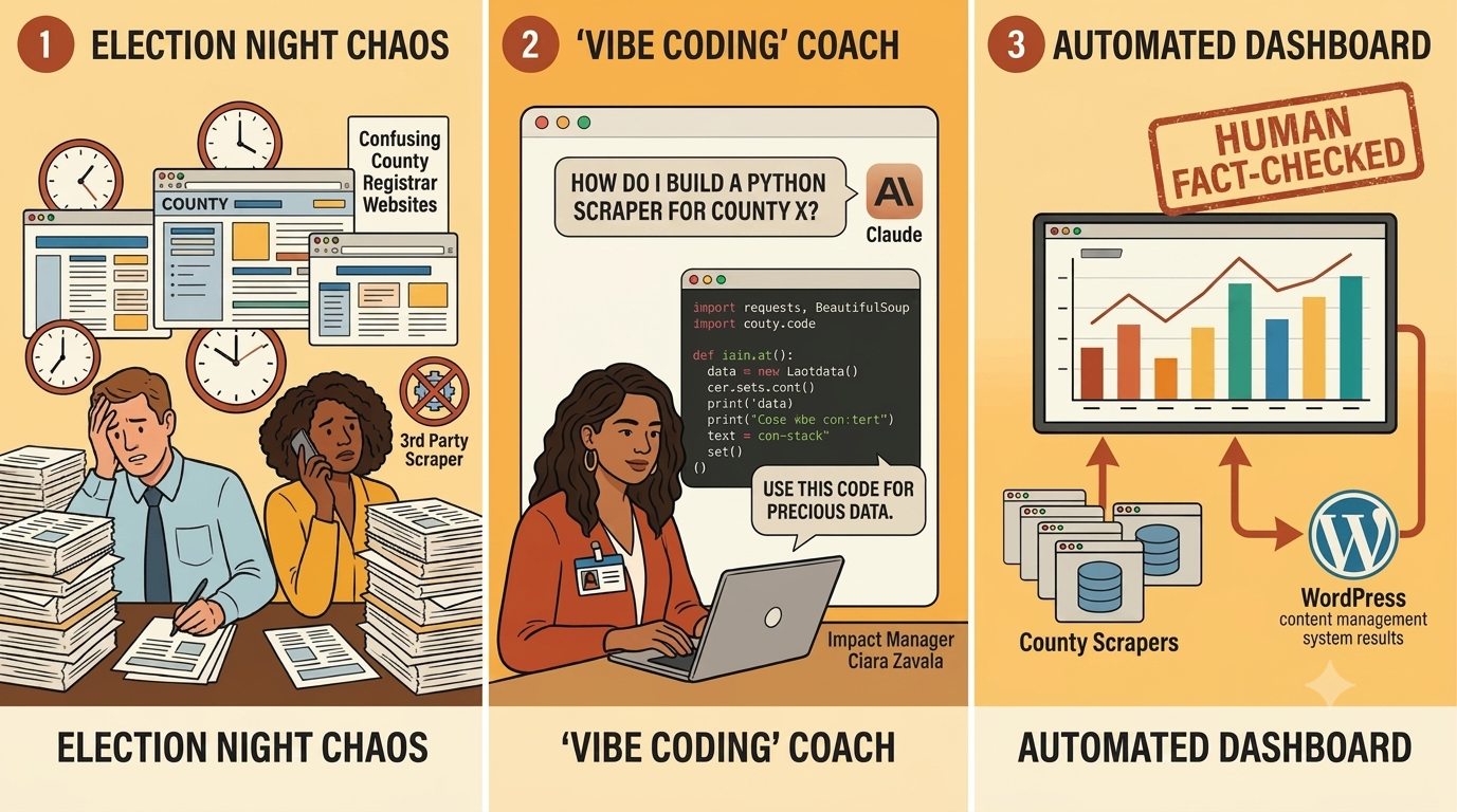 A three-panel comic showing a newsroom workflow: Panel 1 depicts stressed journalists facing "Election Night Chaos"; Panel 2 shows a woman generating Python code using an AI coach; Panel 3 displays a "Human Fact-Checked" automated data dashboard.