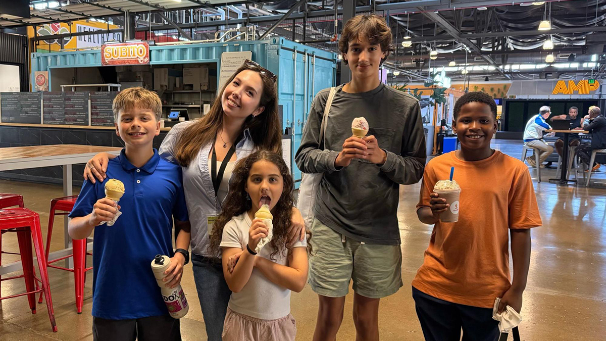 From left, Caden Falls, Elizaveta Orlova, Evelyn Falls, Simon Hayenga and Braxton Goodner pose for a photo at Mirror Indy’s office in The AMP at 16 Tech on June 10, 2026, in Indianapolis.