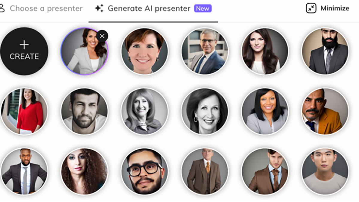 Thumbnails of AI-generated news presenters