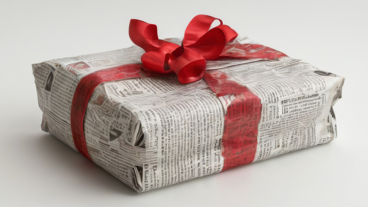 Package wrapped in newspaper with a red bow
