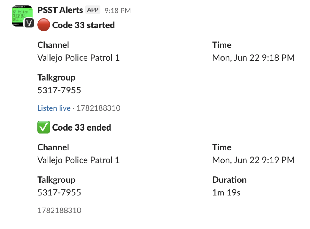 Screenshot from the Public Safety Scanner Tool monitoring the Vallejo Police Patrol Channel.