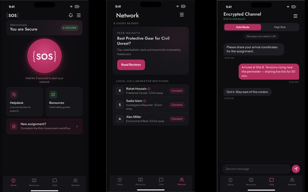 Three screenshots from the J-SOS app