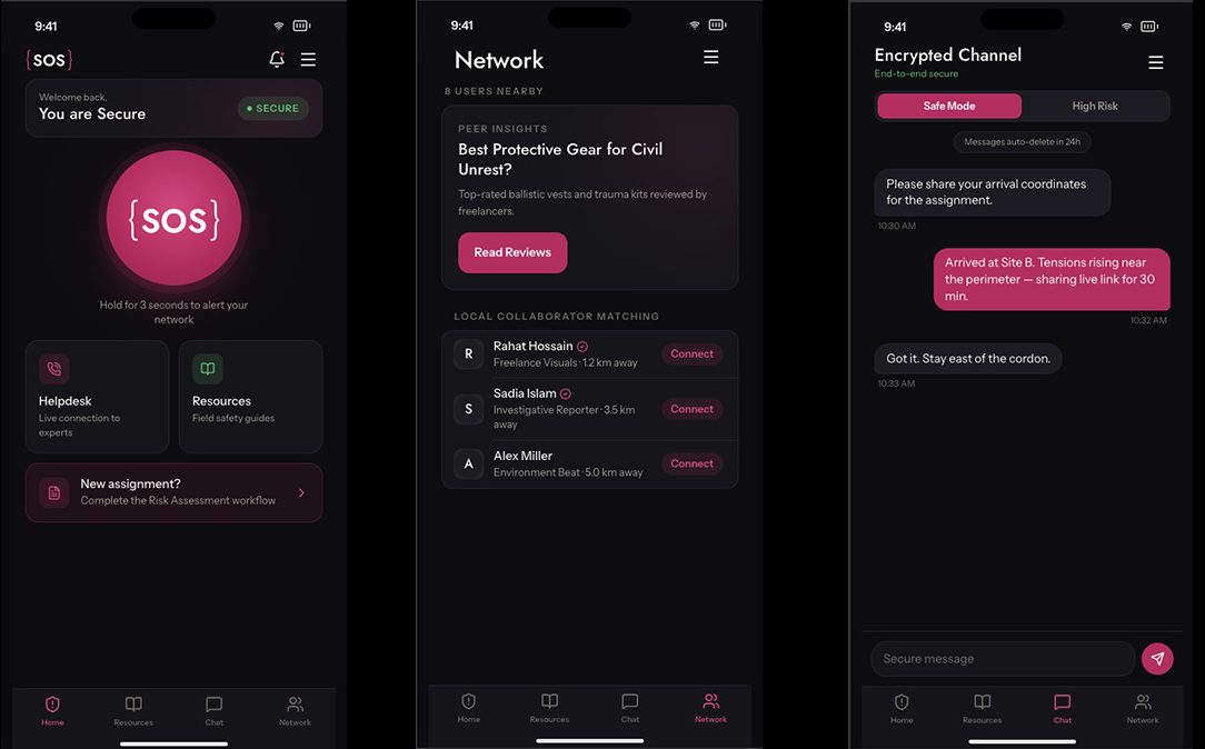 Three screenshots from the J-SOS app