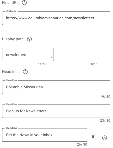 Google suggested headlines form