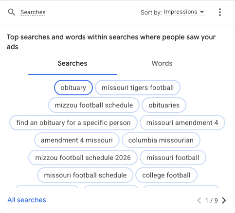 Top searches and words within searches where people saw your ads