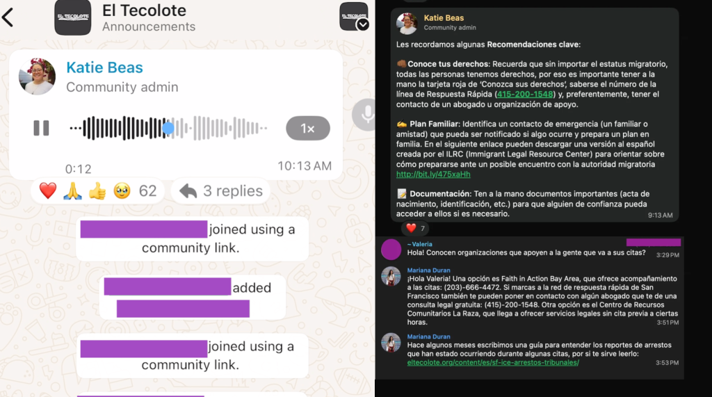 El Tecolote used the WhatsApp Announcement group to provide live updates on a potential ICE raid headed to the Bay Area.