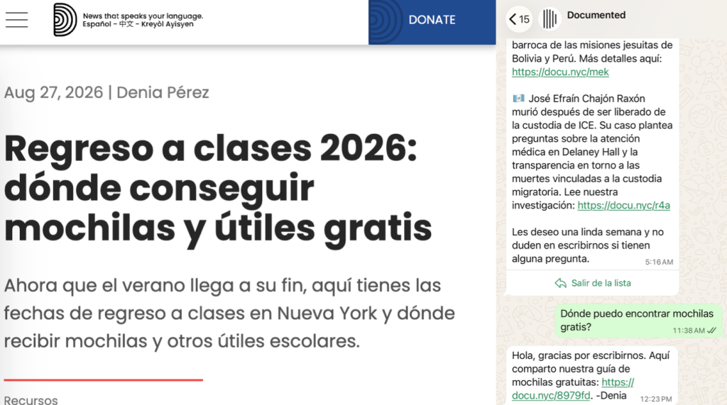Documented sends a biweekly newsletter-style roundup of news and information for immigrant communities directly to subscribers in a private chat, where users can ask questions and speak with the newsroom directly.