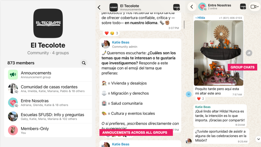 El Tecolote uses the Announcement group in WhatsApp Communities to provide twice-weekly news, information, resources and upcoming events in Spanish. Its sub-groups cater to specific communities and topics.