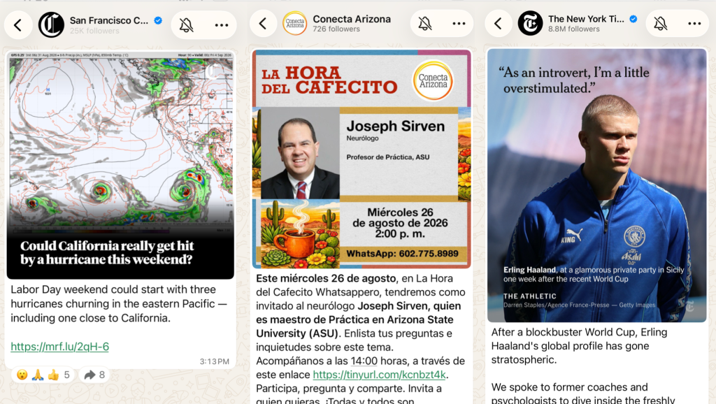 WhatsApp Channels functions as a one-way broadcast list that is more oriented towards mass distribution. Followers can react with emojis and send individual posts to other people and groups.